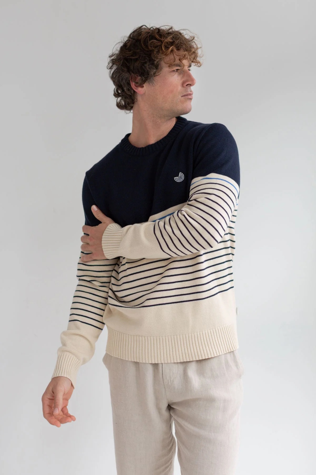 TWOTHIRDS mannen vegan Trui Ramla Met Natuurlijke En Marineblauwe Strepen