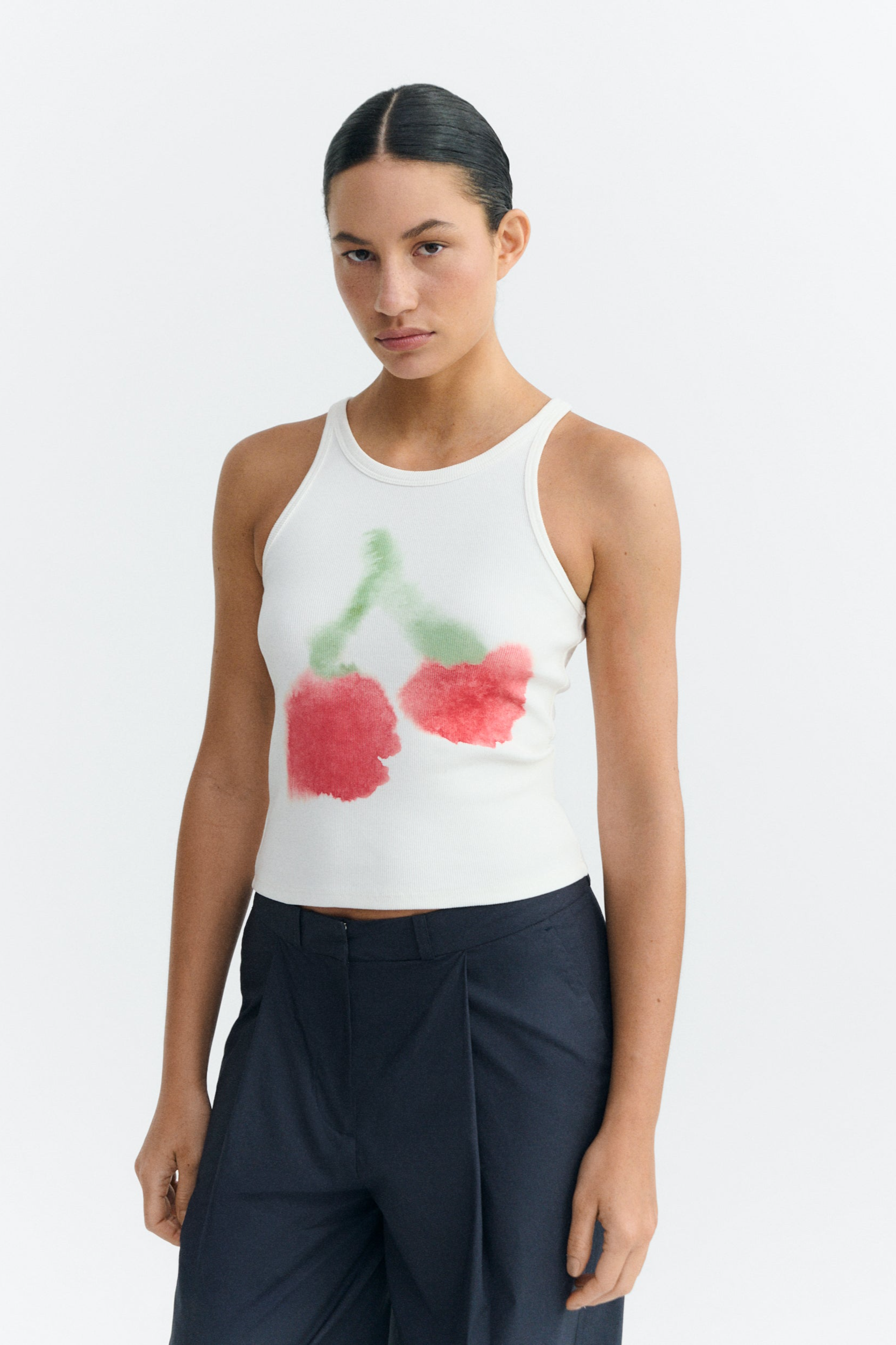 Thinking MU  Top Halter Blurry Cherry Harriet White