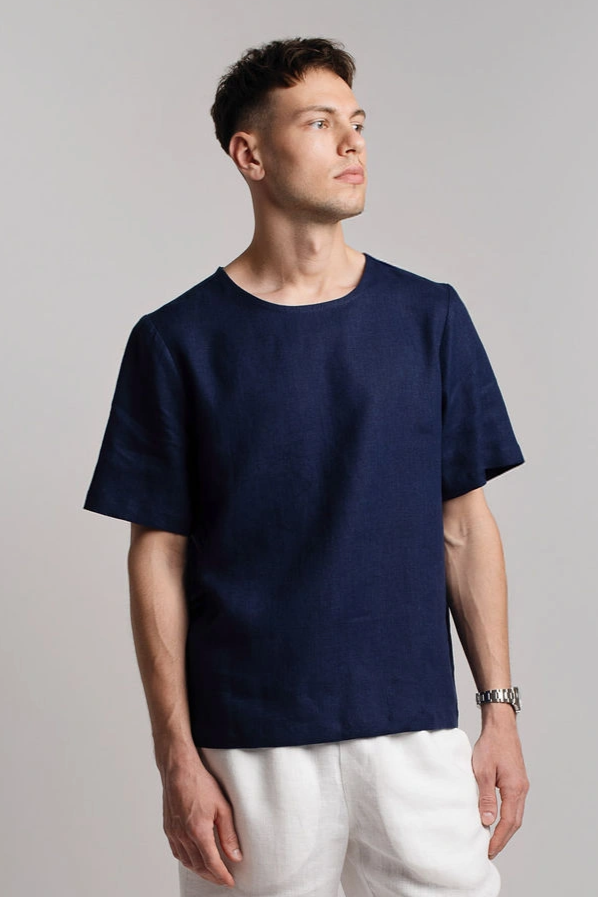 Amber Linen mannen vegan T-Shirt Panama Marineblauw