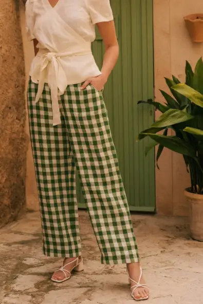 AmourLinen  Broek Rechte Barbora Groene Gingham