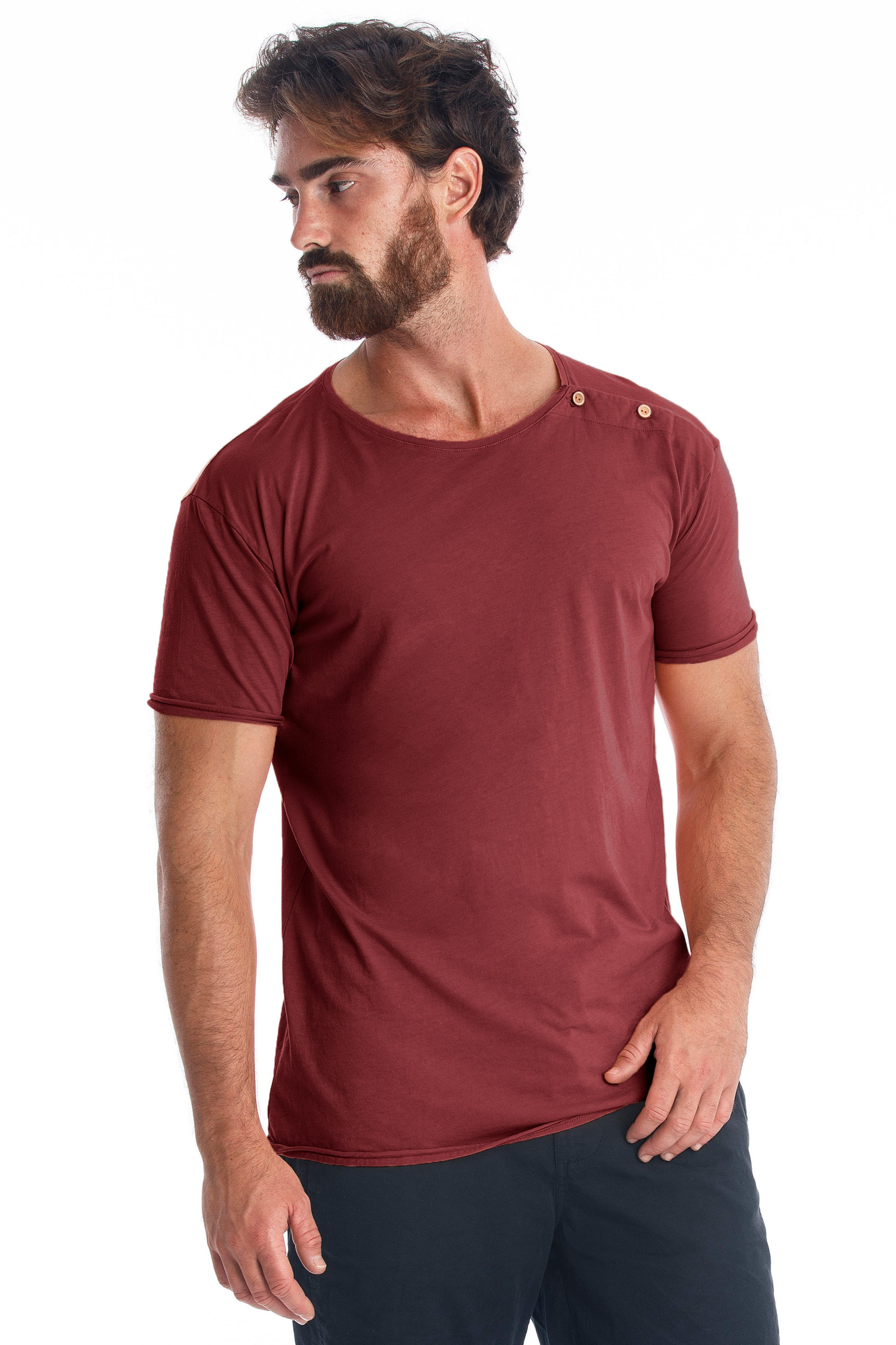 RAVENS VIEW IBIZA mannen vegan Tee Egan Button Donker Granaat