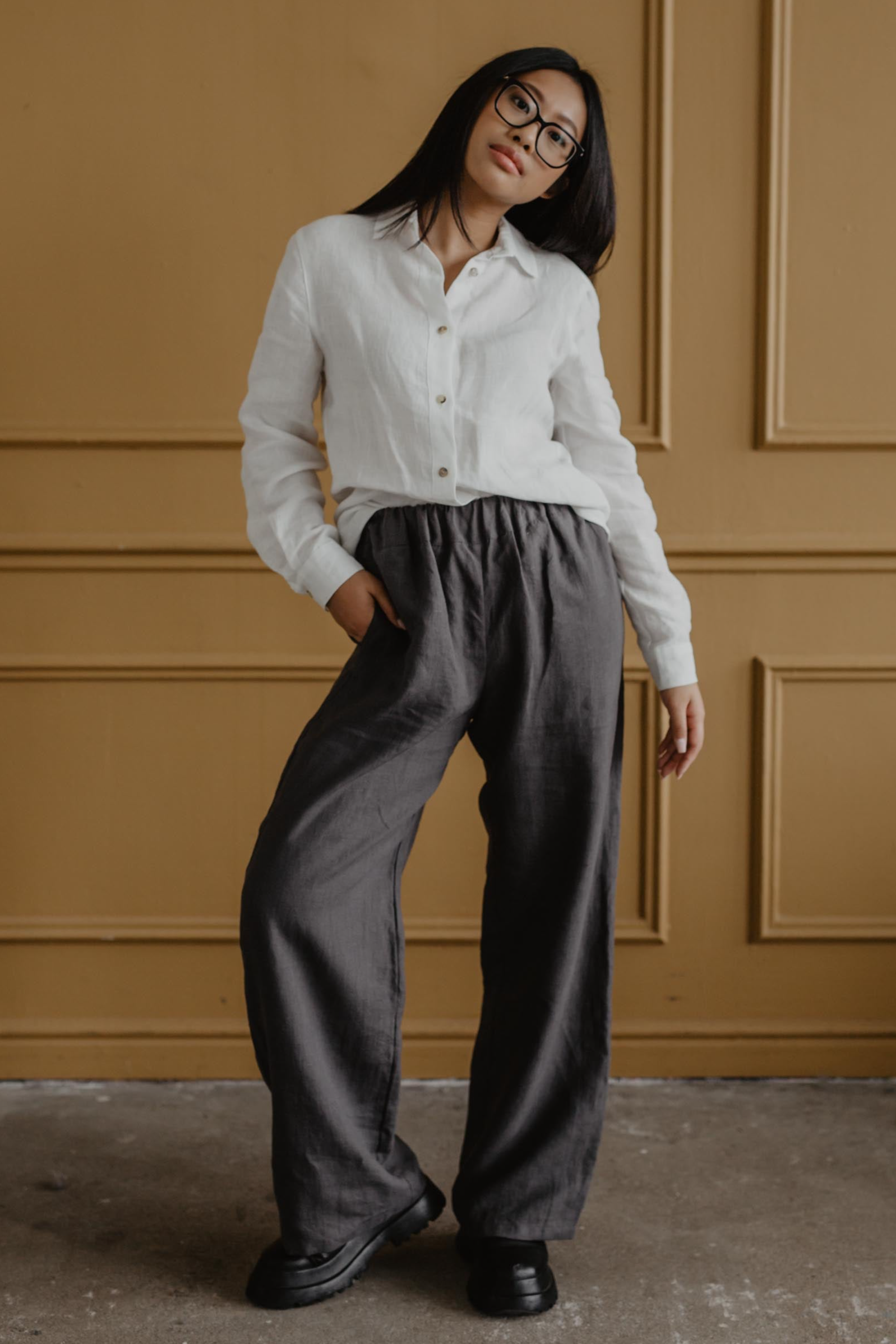 AmourLinen  Broek Super Long Oulu Charcoal Grijs