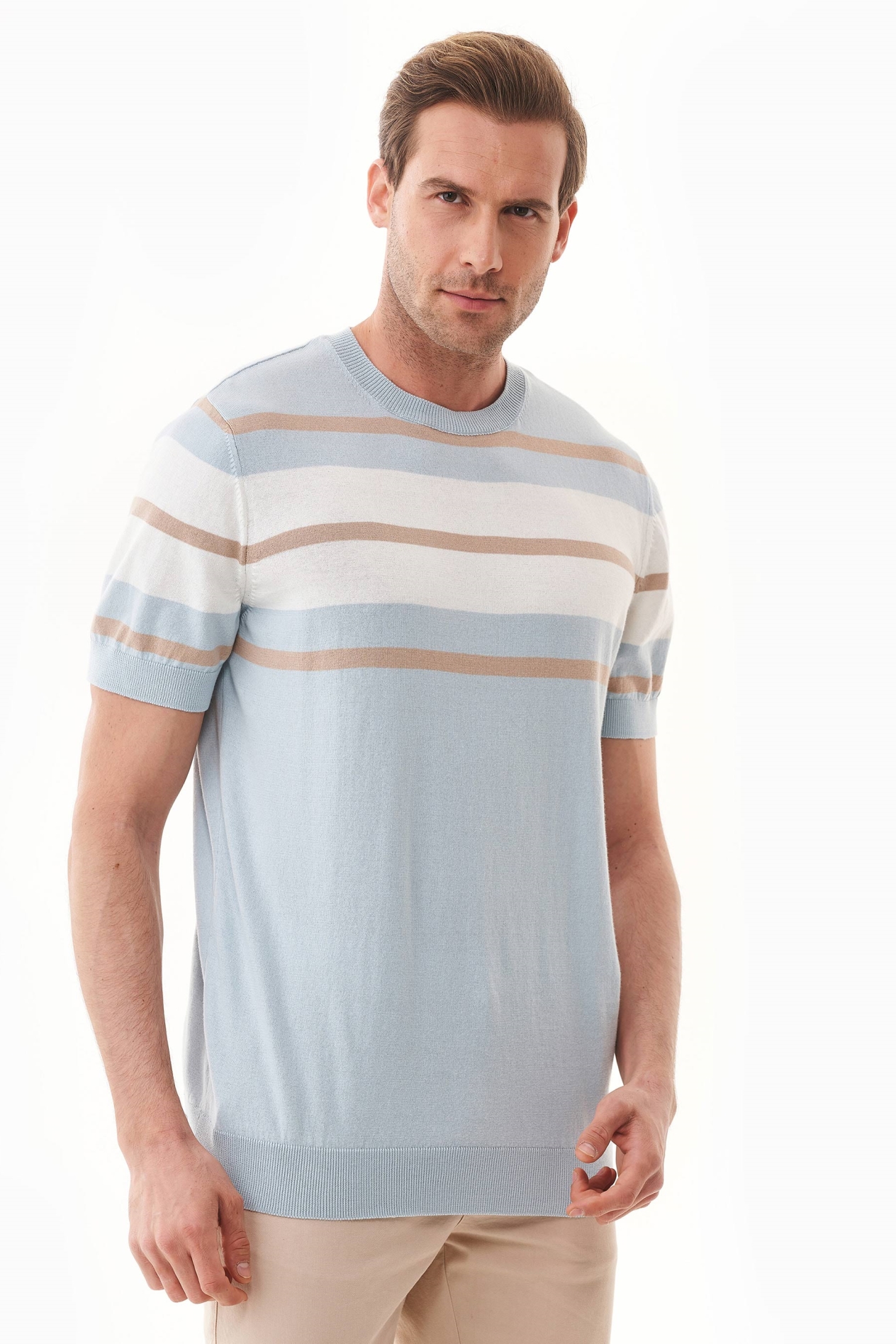 ORGANICATION mannen vegan T-Shirt Met Strepen Fijn Gebreid Blauw Haze, Beige & Off White