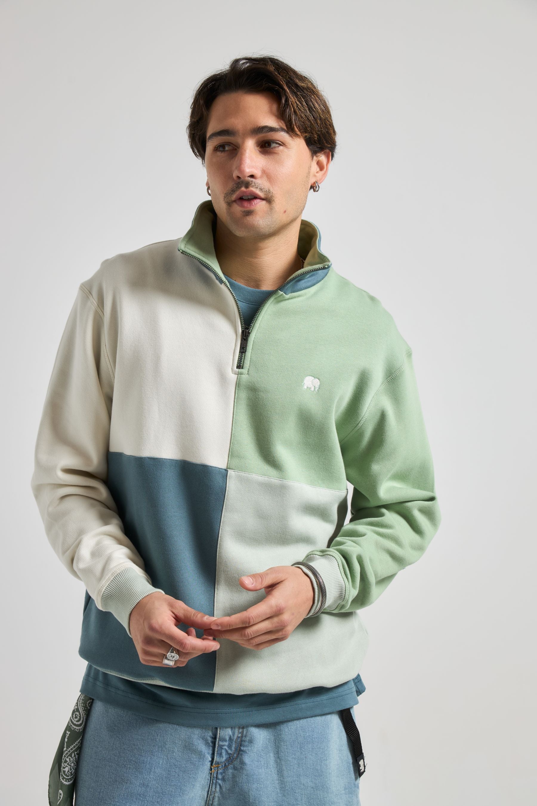 Trendsplant mannen vegan Sweatshirt Met Kwartrits, Kleurblokken, Gezouten Mosgroen