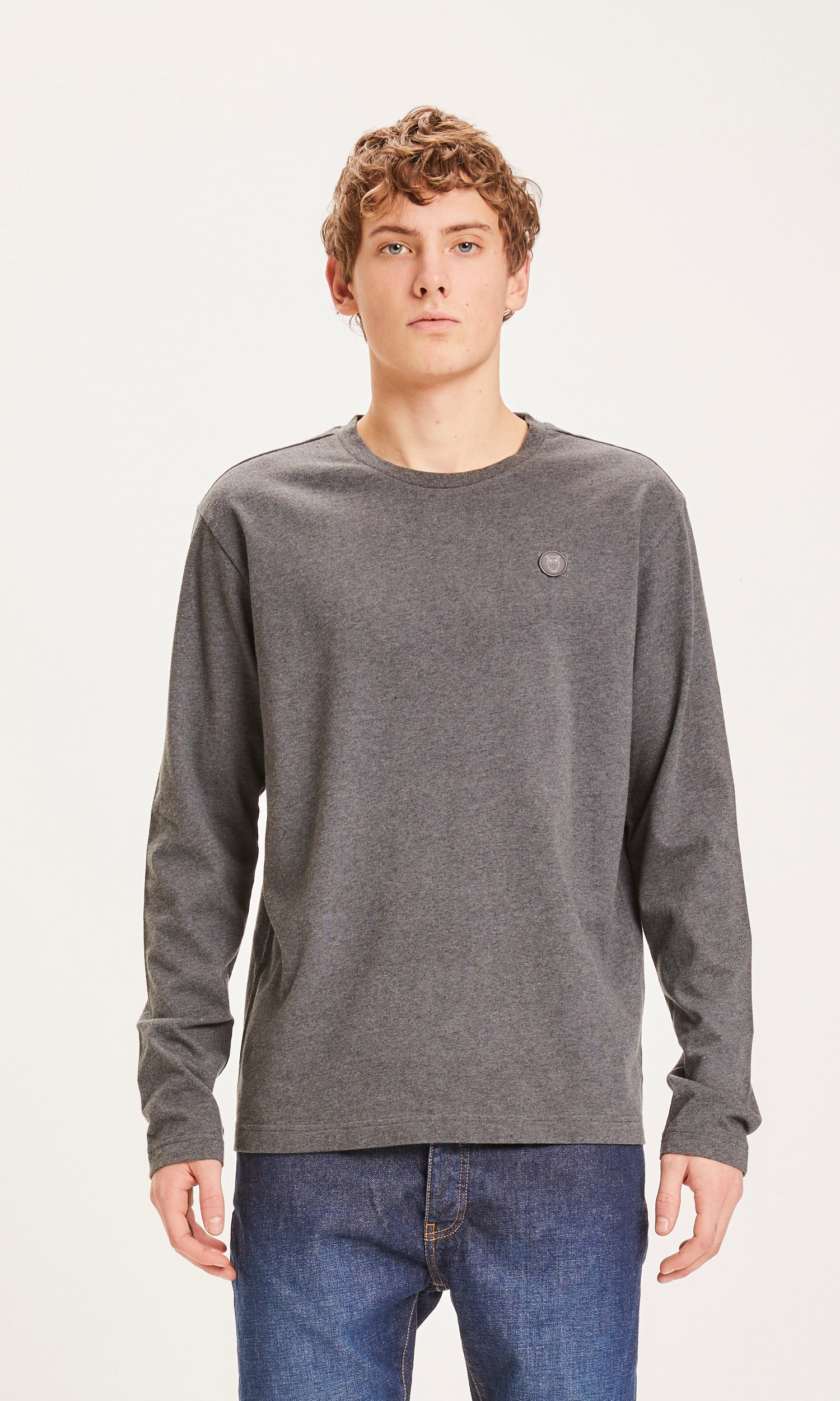 KnowledgeCotton Apparel mannen vegan Lange Mouw Met Badge, Donkergrijs GemÃªleerd