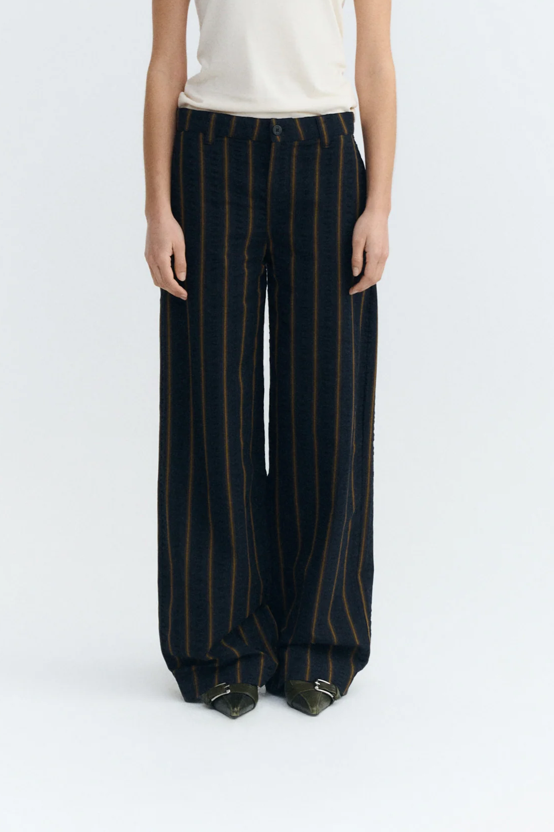 Thinking MU  Rechte Broek Van Seersucker, Serena Gestreept, Marineblauw