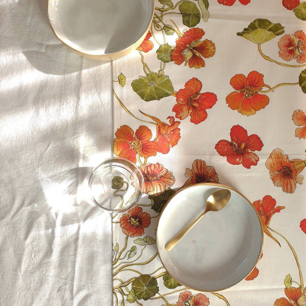 Floral Table Runner Cotton - Orange Nasturtium