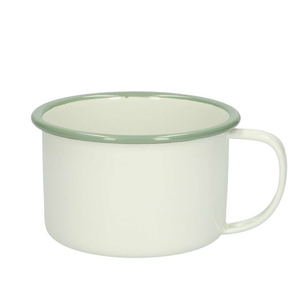 Beker met oor, emaille, groengrijs/wit, Ø 11 cm