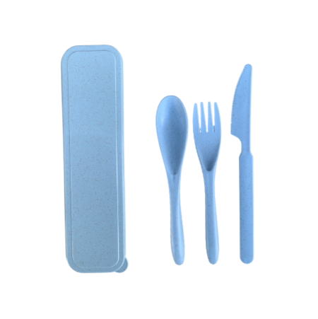 Bio Plastic reisbestek set van blauwe PLA uit tarwestro, incl. opbergdoosje