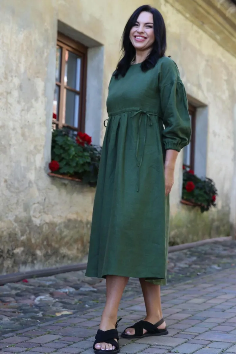 Amber Linen  Jurk Verona Forest Green