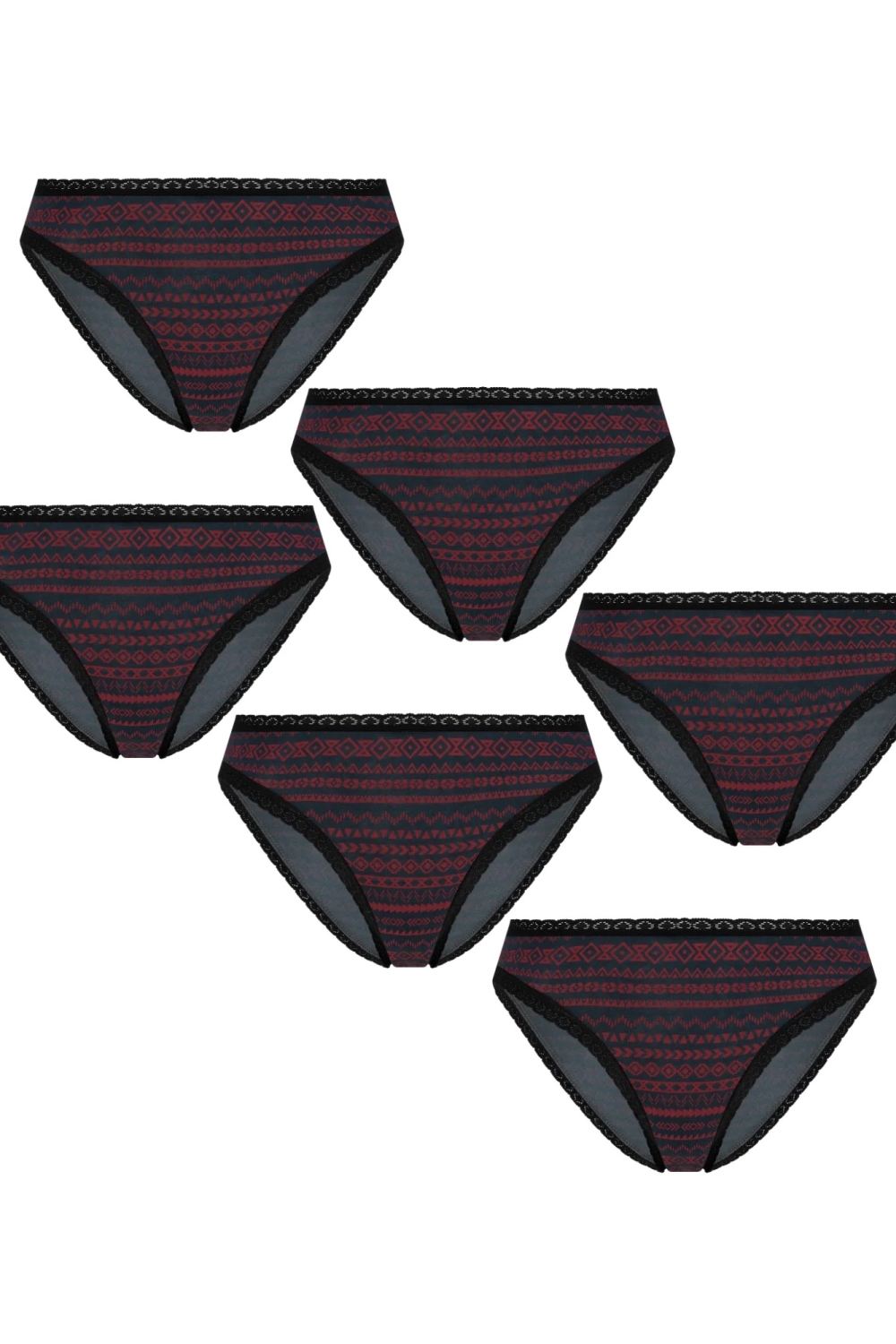 Albero Natur  Multipack Van 6 Slips Met Kant In Tibetaans Rood/Marineblauw/Geometrisch Patroon