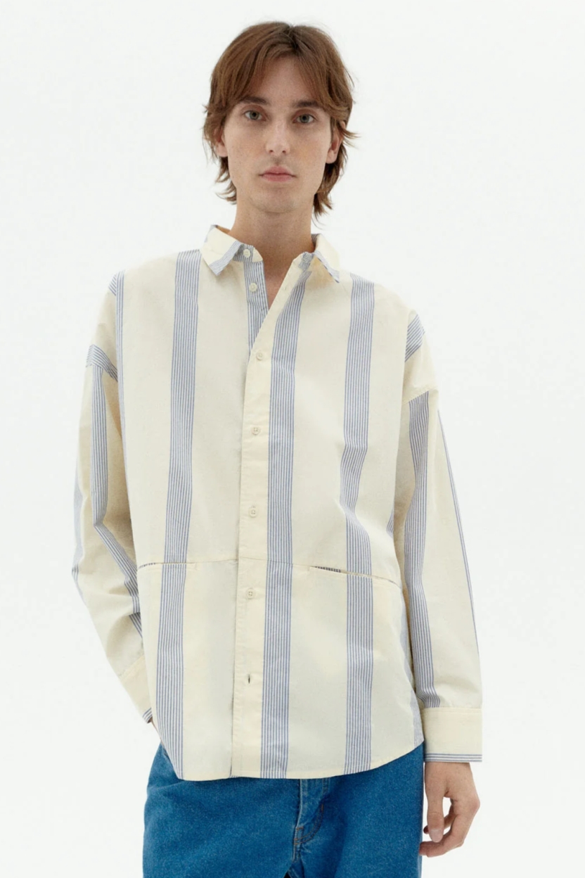 Thinking MU mannen vegan Overhemd Jim Poplin Gestreept Blauw/CrÃ¨me
