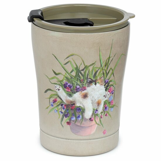 RVS reusable Insulated Cup 300ml Floral Cat in Plant Pot - Dubbelwandige beker