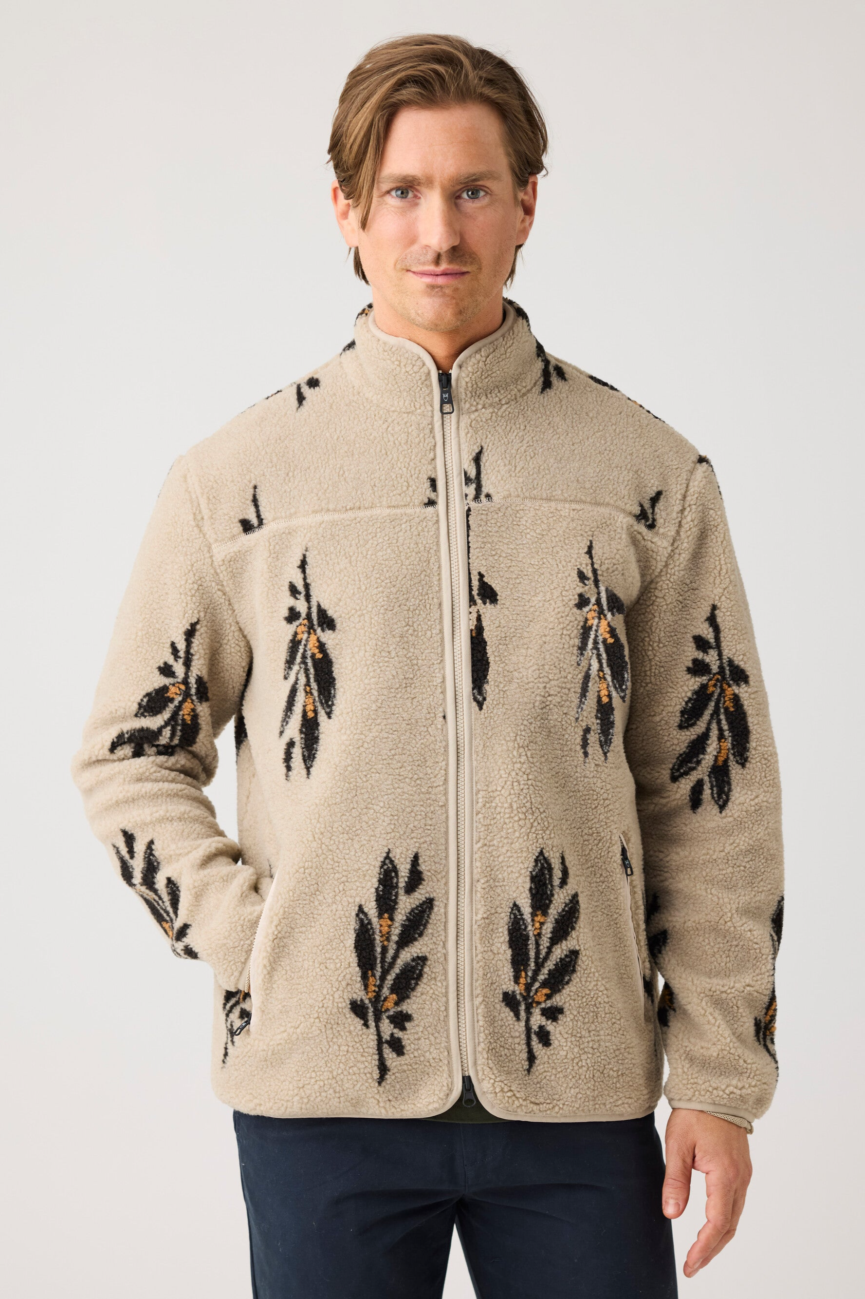 KnowledgeCotton Apparel mannen vegan Jas Sos Loose Fit Aop Zip Beige