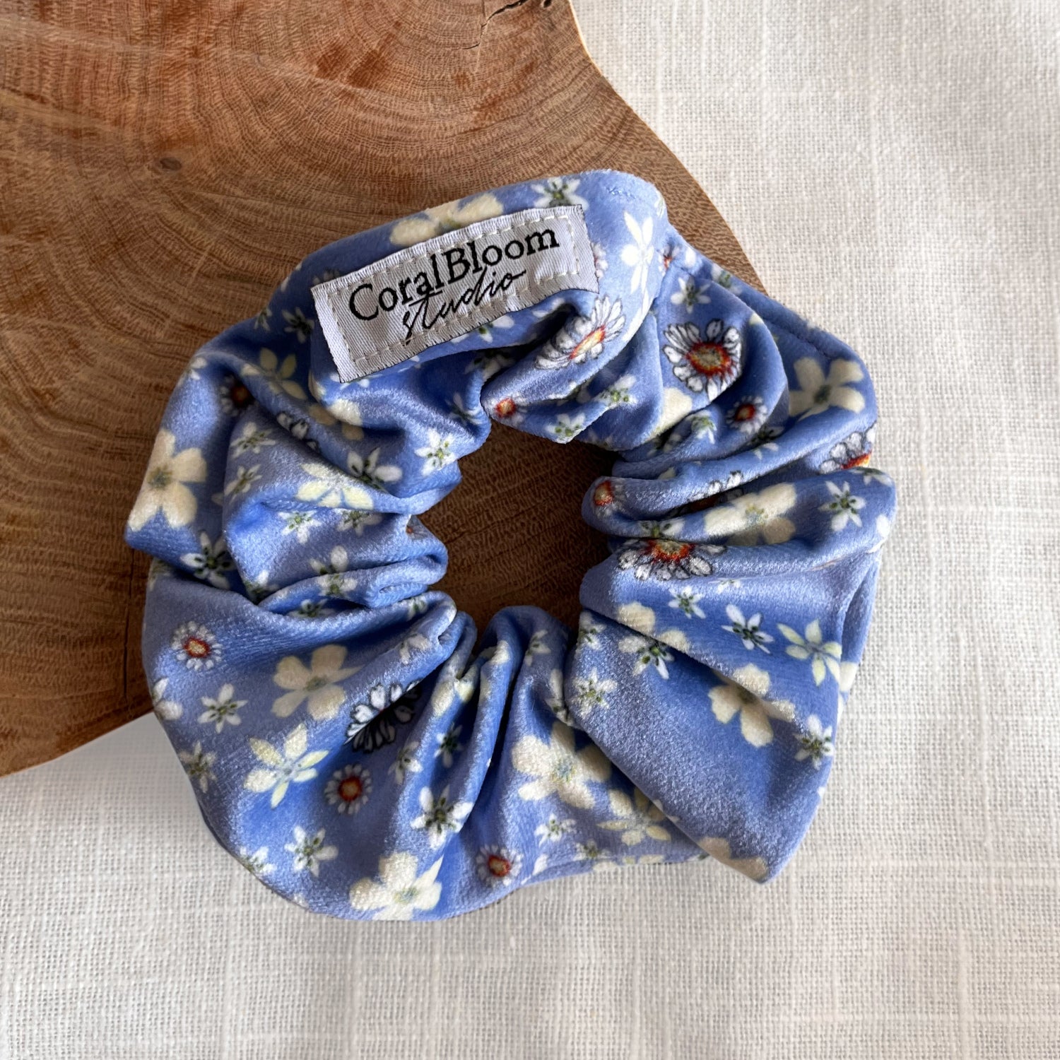 Daisies On Blue Velvet Scrunchie