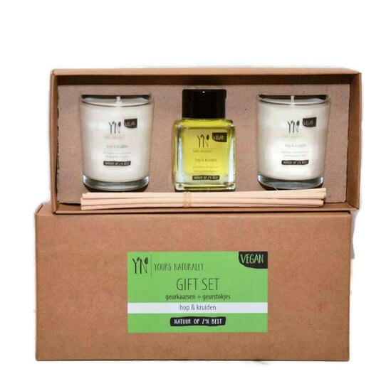 Yours Naturally gift set kaarsen en geurstokjes - Hop & Kruiden