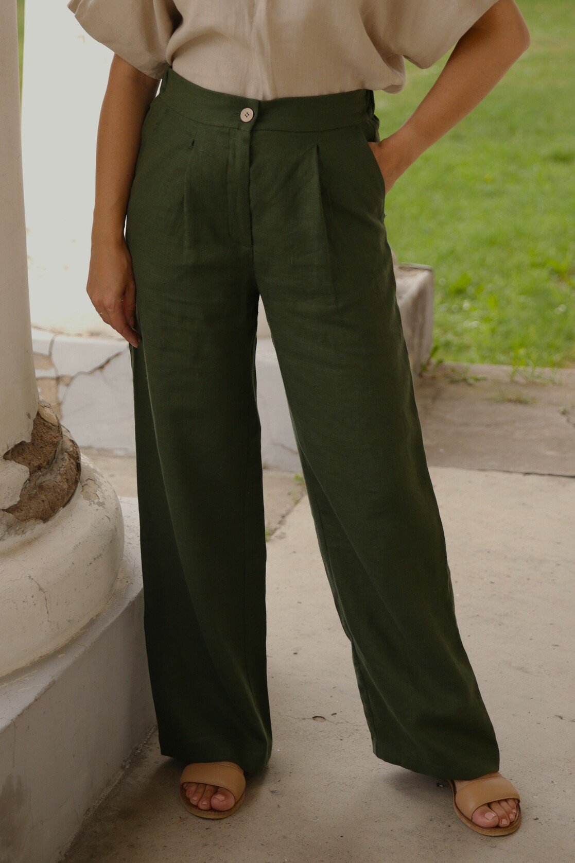 Amber Linen  Broek Jakarta Forest Green