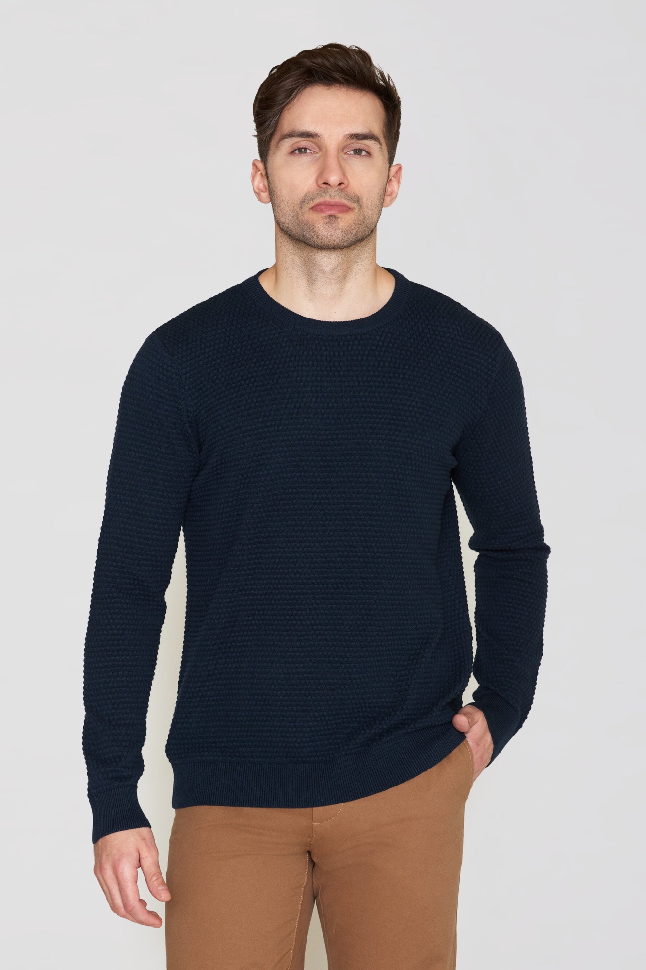 KnowledgeCotton Apparel mannen vegan Gebreide Trui Vagn Bubble Ronde Hals Total Eclipse Marineblauw