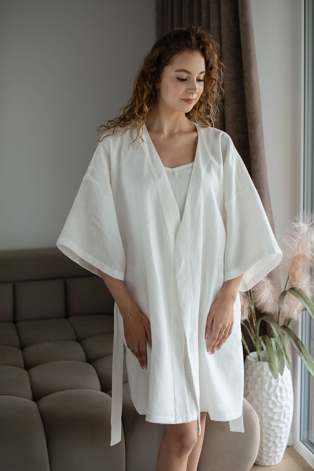 Amber Linen  Set Kimono Robe & Nachthemd Wit