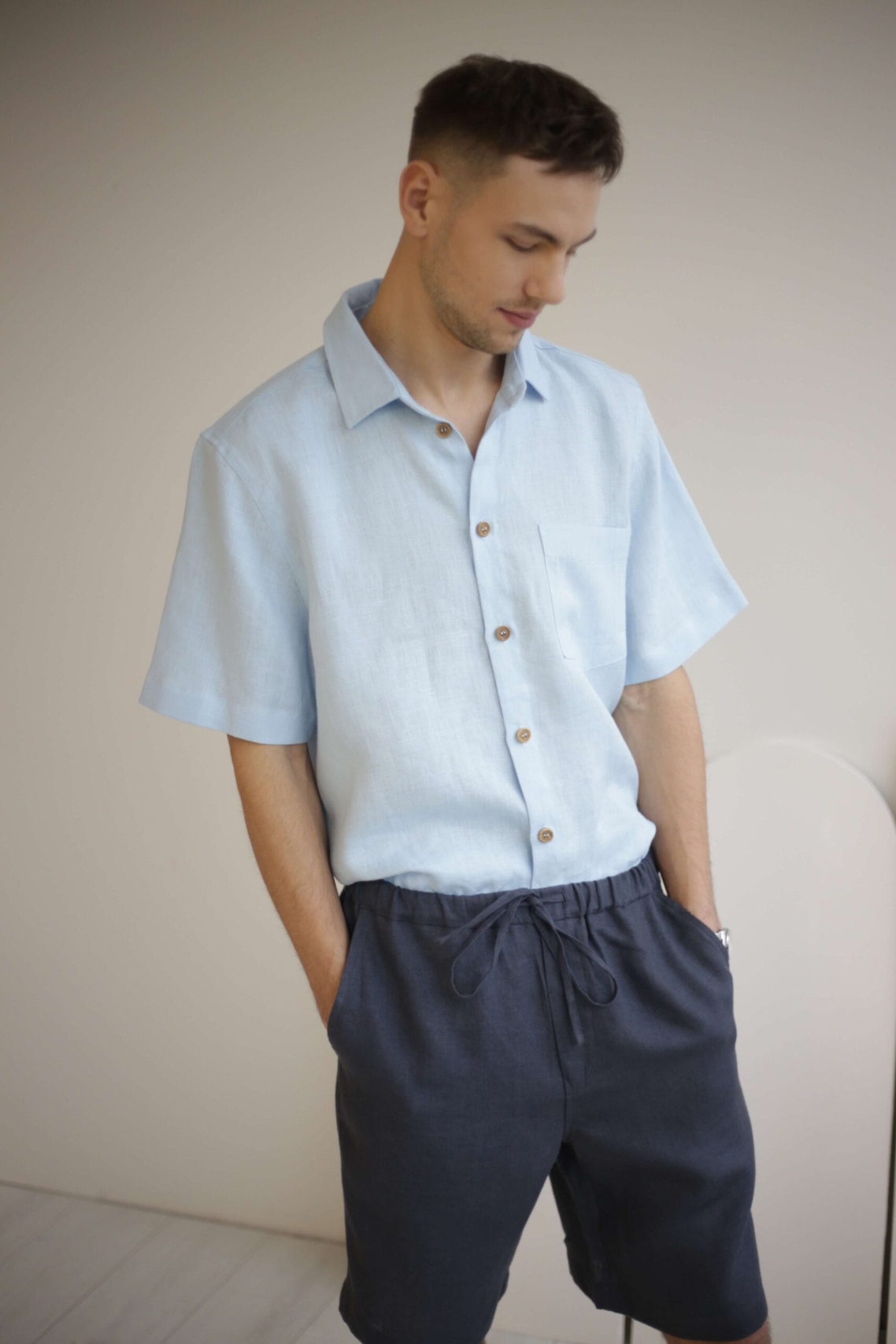 Amber Linen mannen vegan Shirt Cuba Hemelsblauw