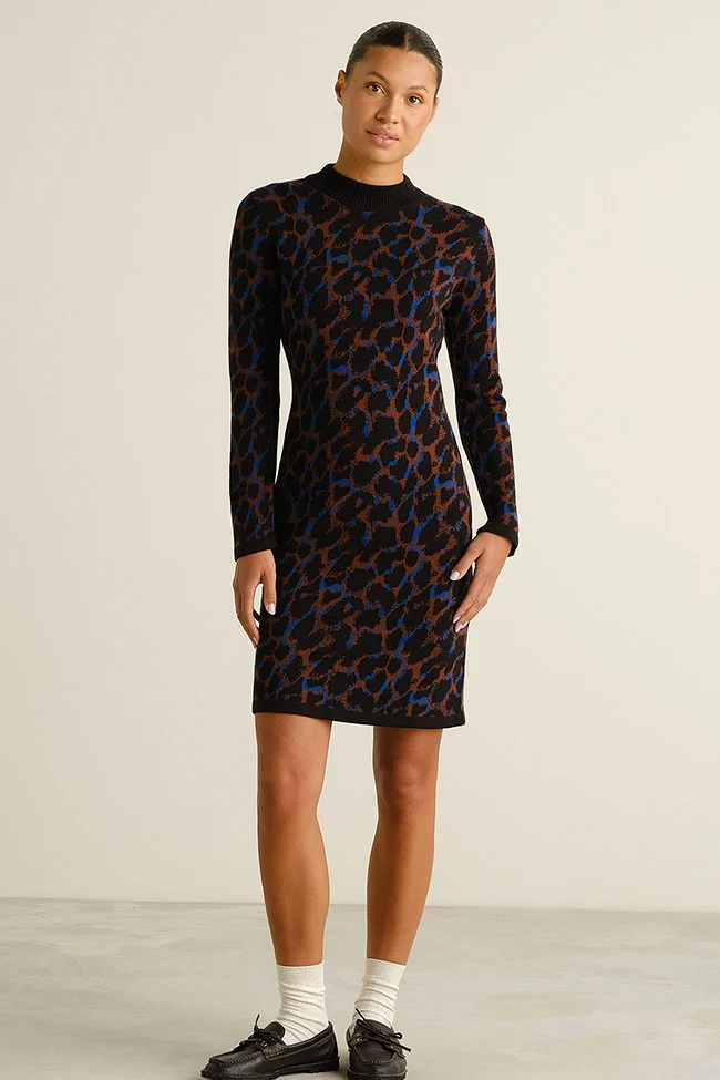 DEDICATED  Jurk Lo Leopard Zwart/Blauw/Bruin