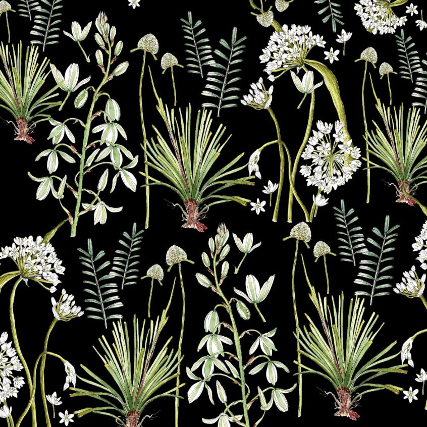 Floral Tablecloth Cotton - Greenery On Black