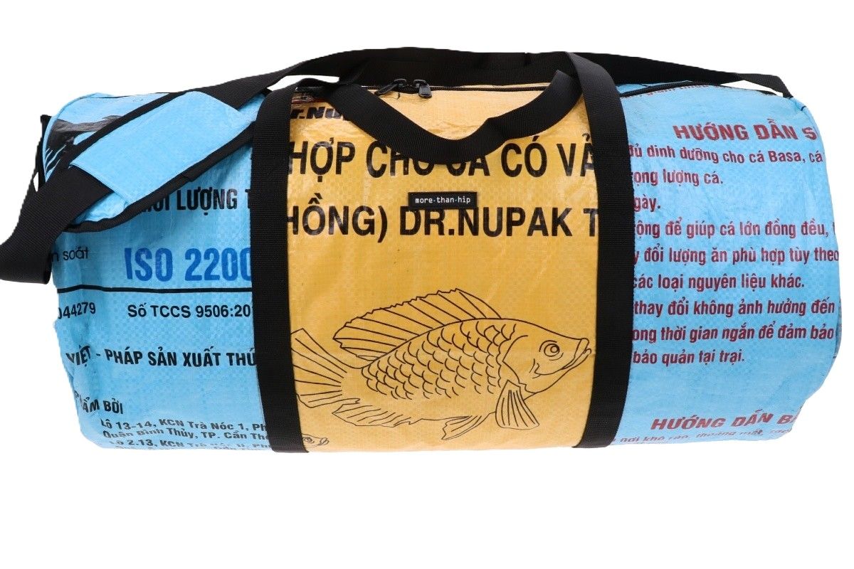 Weekend- of sporttas 40 L van gerecyclede visvoerzakken - Jumbo L geel/blauw