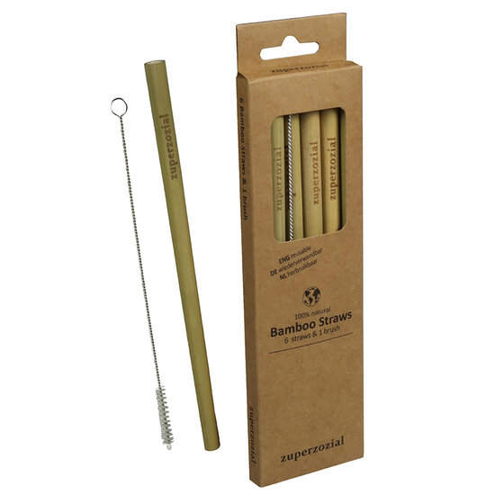 Zuperzozial Bamboo Straws - Bamboe houten rietjes - 6 stuks met schoonmaakborstel