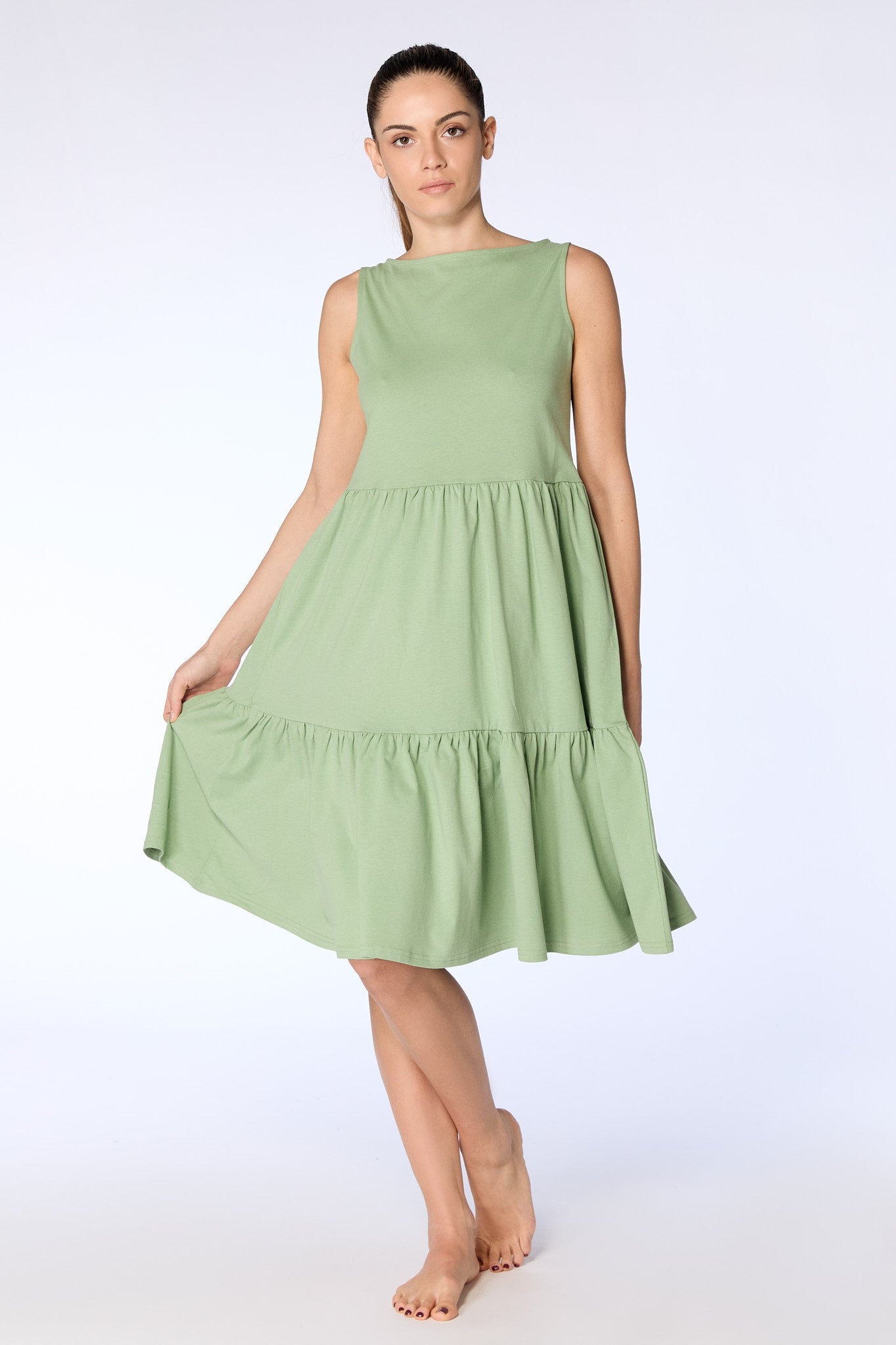 Leela Cotton  Jurk Met Ruches En Basilicum
