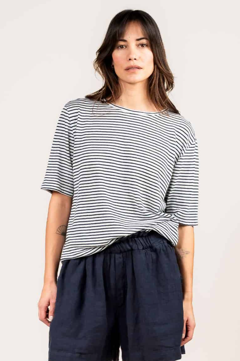 Kuyichi  T-Shirt Olivia Wit/Marineblauw