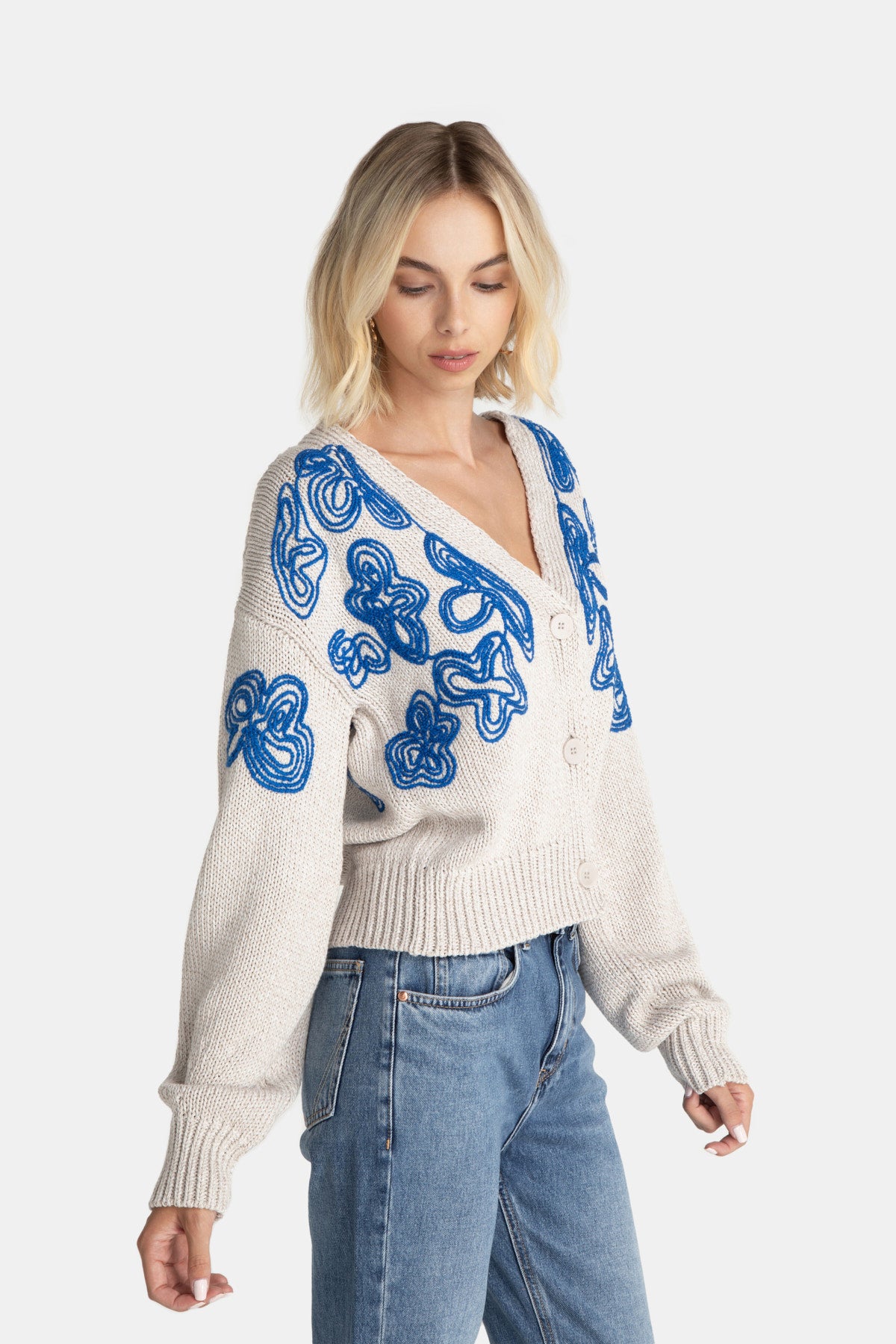 LOVJOI  Cardigan Leylah Ecru Blauw