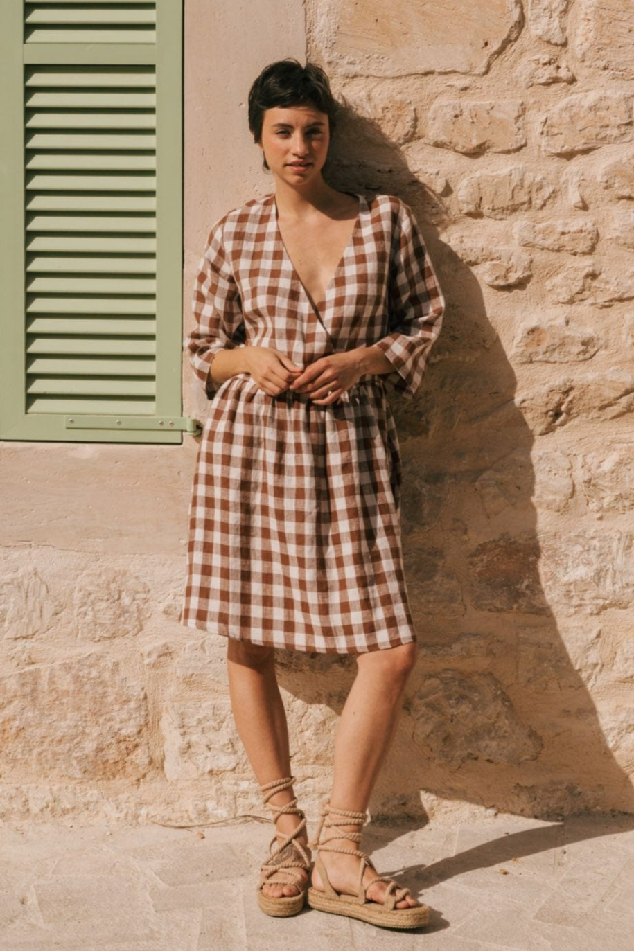 AmourLinen  Jurk Daphne Mocha Gingham