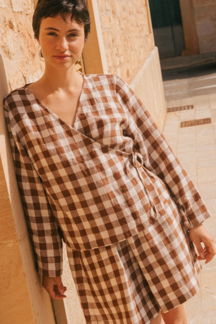 AmourLinen  Wikkeltop Adele Mocha Gingham