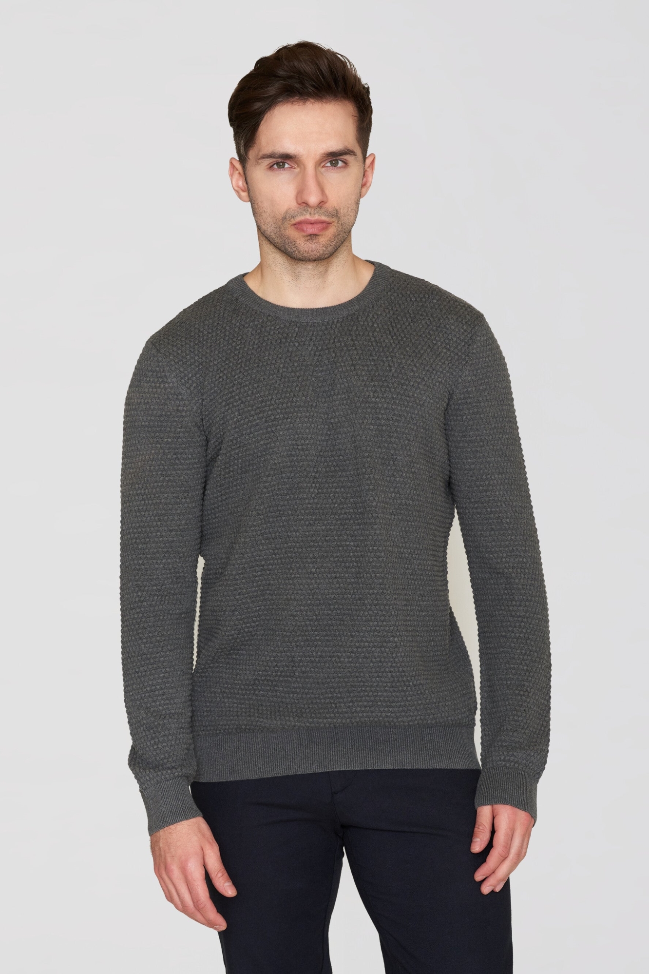 KnowledgeCotton Apparel mannen vegan Gebreide Trui Vagn Bubble Ronde Hals Donkergrijs GemÃªleerd