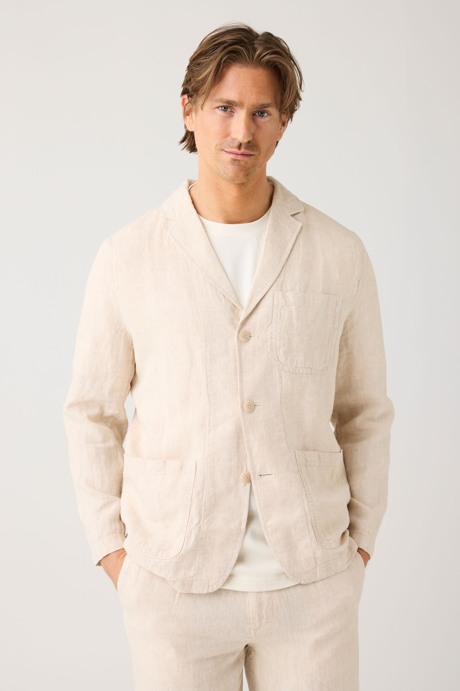 KnowledgeCotton Apparel mannen vegan Blazer Van Linnen In Lichtgrijs Met Veermotief