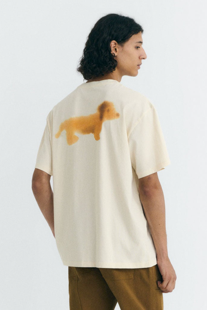 Thinking MU mannen vegan T-Shirt Aaron Teckel Hond Achterkant Grafisch Wit