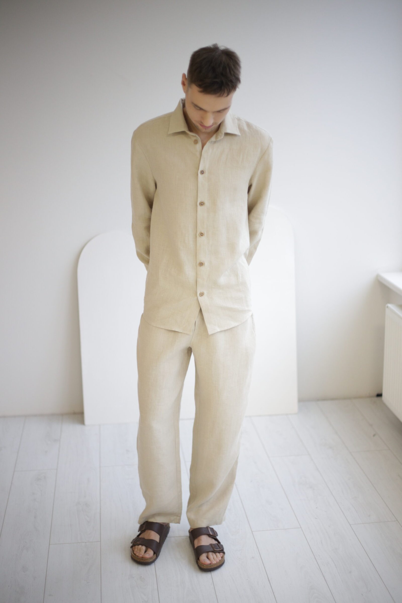 Amber Linen mannen vegan Set Shirt En Broek Licht Zand