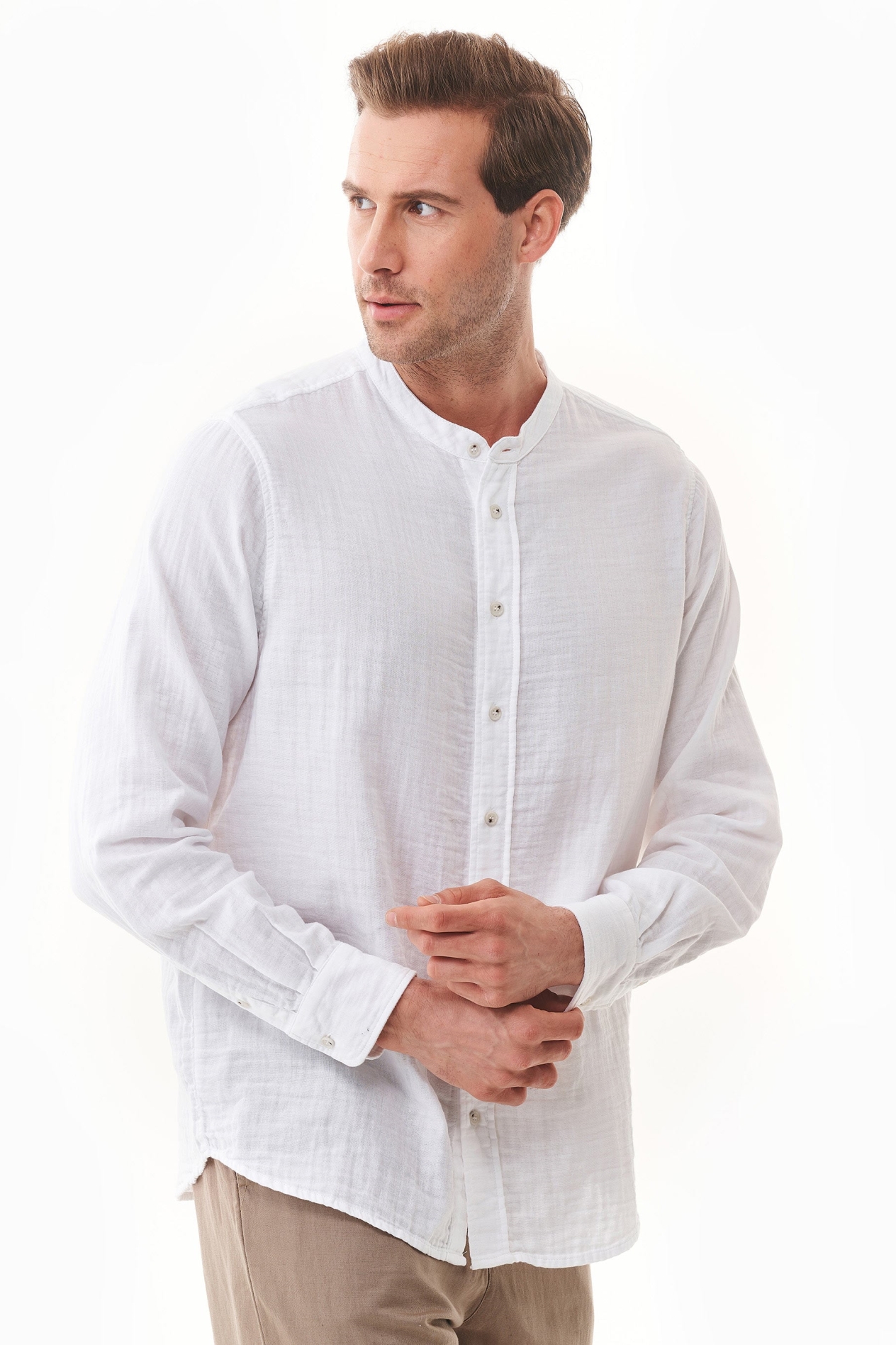 ORGANICATION mannen vegan Shirt Met Opstaande Kraag Wit