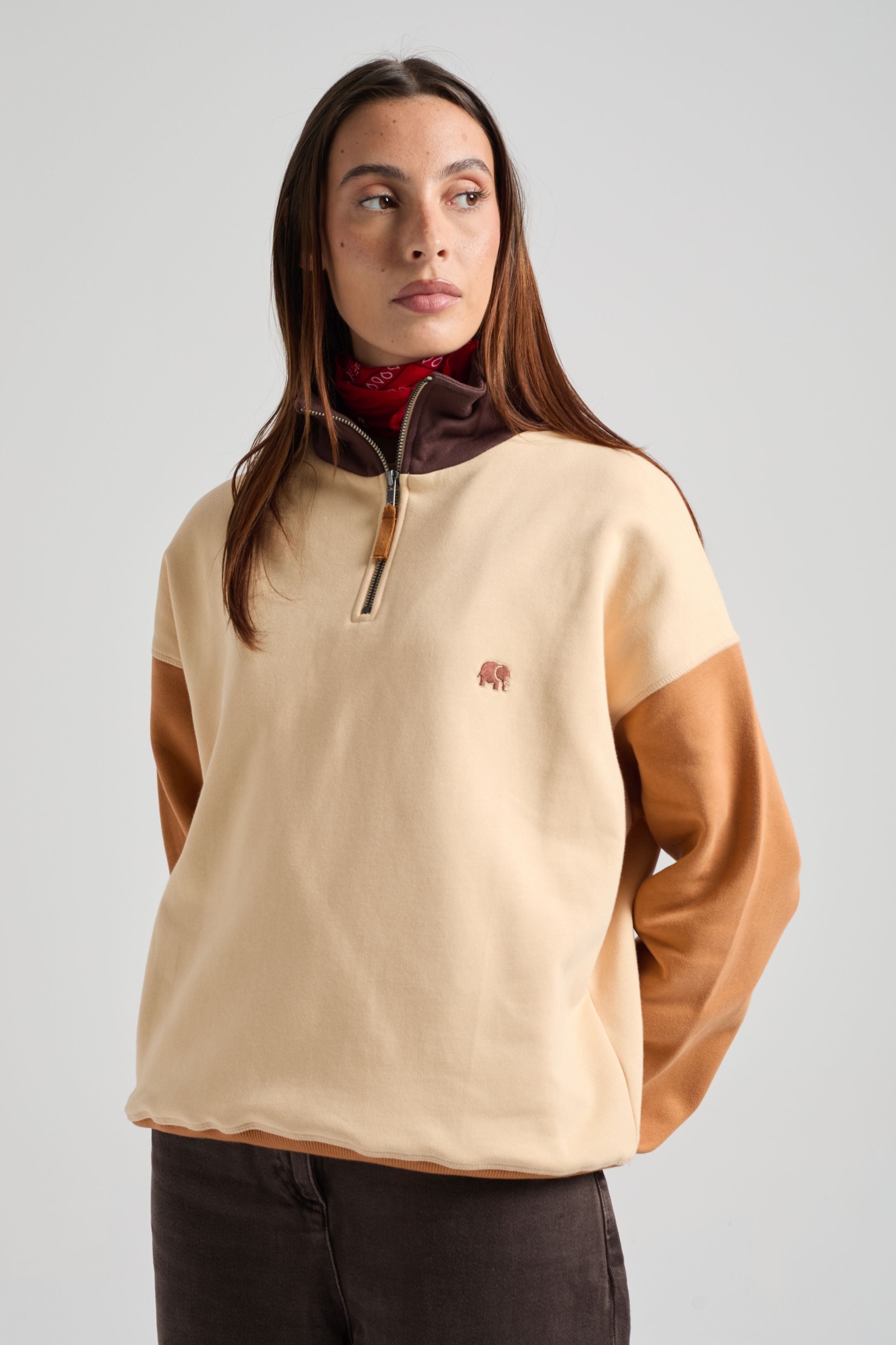 Trendsplant  Sweatshirt Quarter Zip Color Block Gray Sand