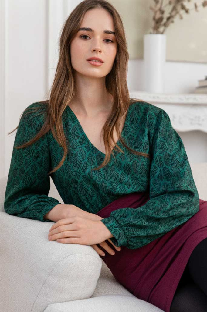WiDDA  Blouse Lubo Met Bladprint Petrol