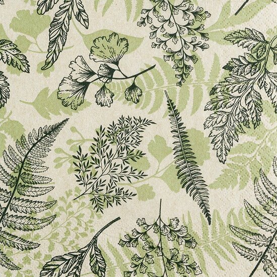 Papieren servet groene bladeren print, 33x33cm gerecycled/ongebleekt