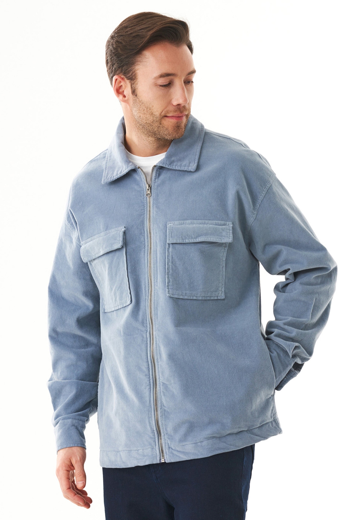 ORGANICATION mannen vegan Overshirt Corduroy Rits Dusty Blue