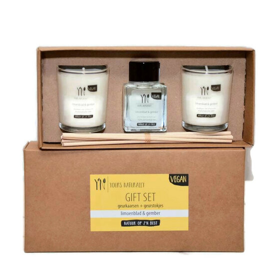 Yours Naturally gift set kaarsen en geurstokjes - Limoenblad & Gember
