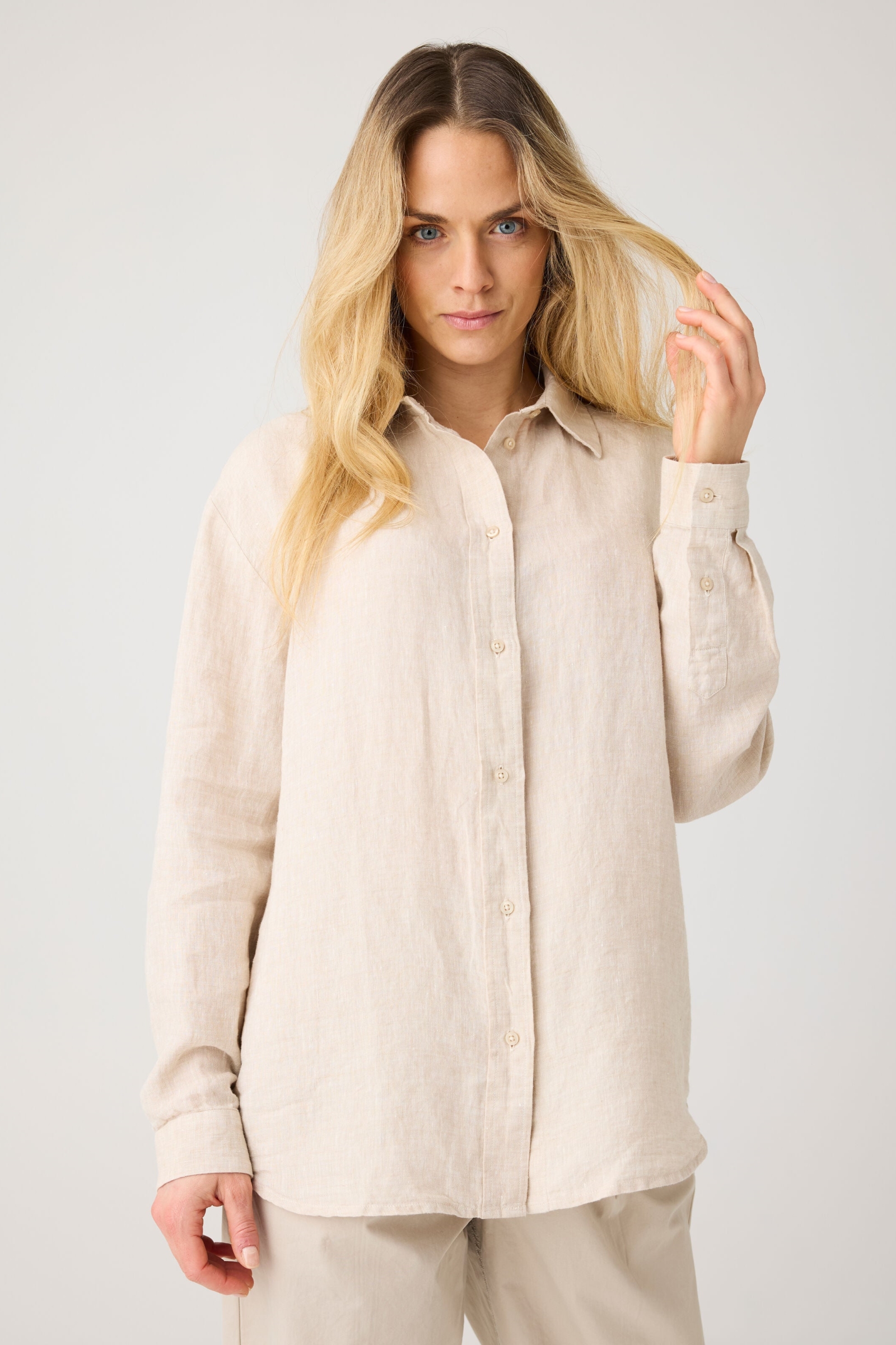 KnowledgeCotton Apparel  Overhemd Losvallend Linnen, Lichtgrijs