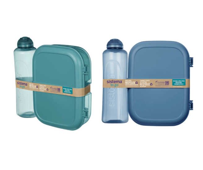 Sistema Ocean Bound Plastic Ribbon To Go lunchbox + fles 480ml - 3 compartimenten + doosje in Teal of Blue