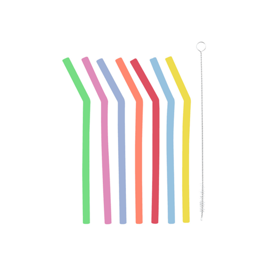 Dotz 6 lange gebogen silicone rietjes + schoonmaakborsteltje