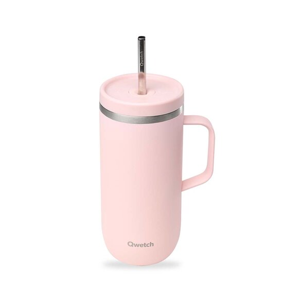 Qwetch Insulated Travel Tumbler 600ml Pastel Pink - Grote RVS thermosbeker met rietje en handvat