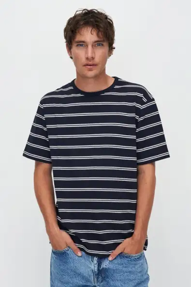 Kuyichi mannen vegan T-Shirt Liam Gestreept Donkerblauw