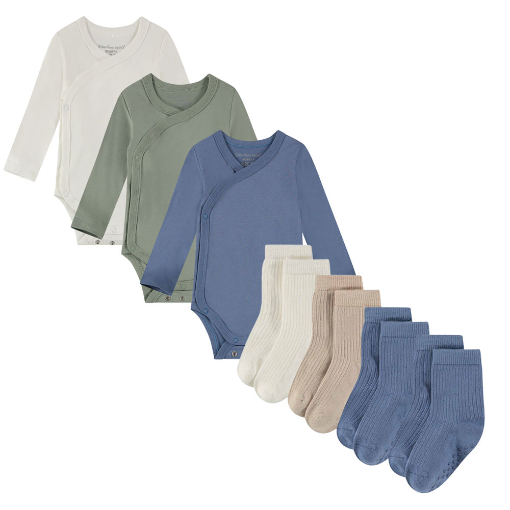 Voordeelbundel: Rompers en sokjes - blauw en groen