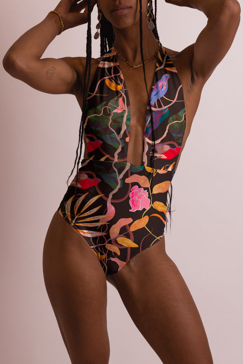 Averie  Zwempak Halter Uit Ã‰Ã©n Stuk Antonella Botanische Print Op Zwart